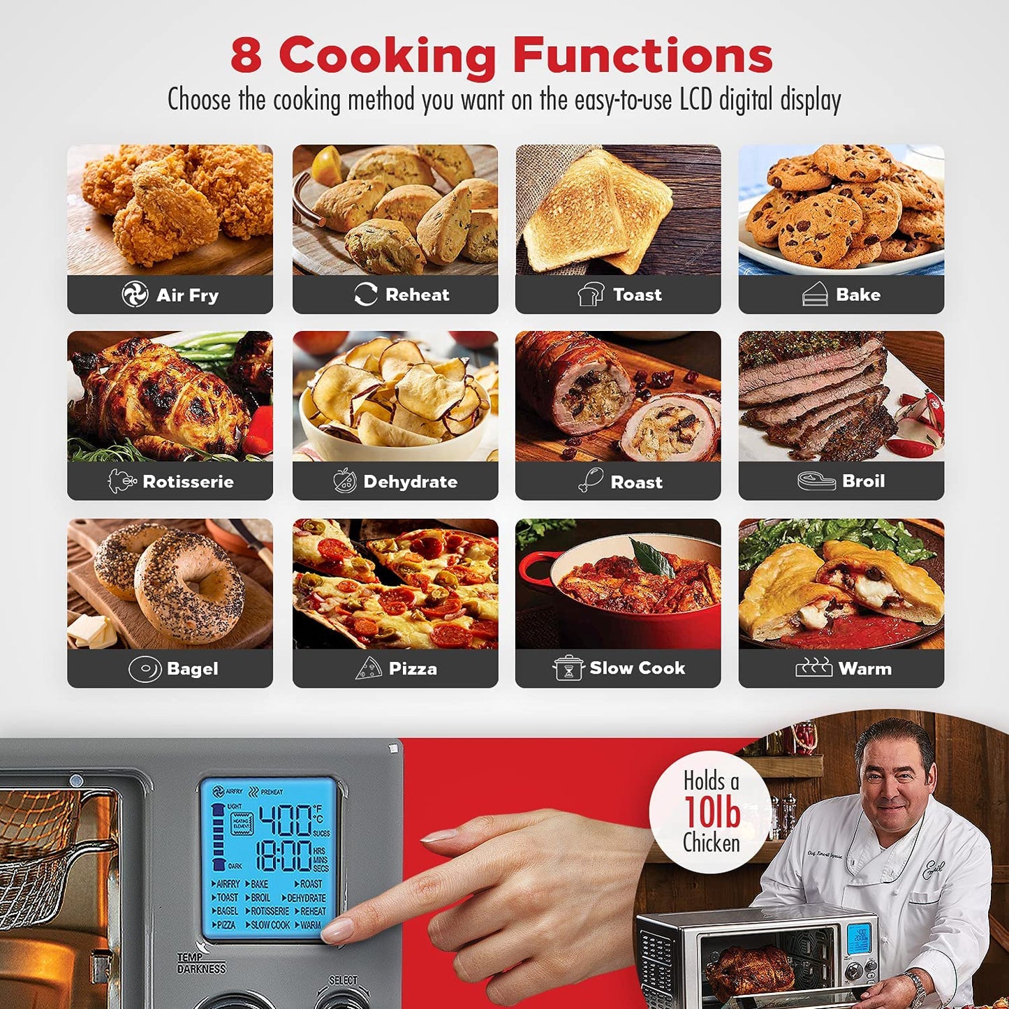 Emeril Lagasse 360 stainless steel air fryer, 360° fast cooking technology, XL capacity, 9 in 1, 12 preset cooking functions, including baking, frying, pizza,