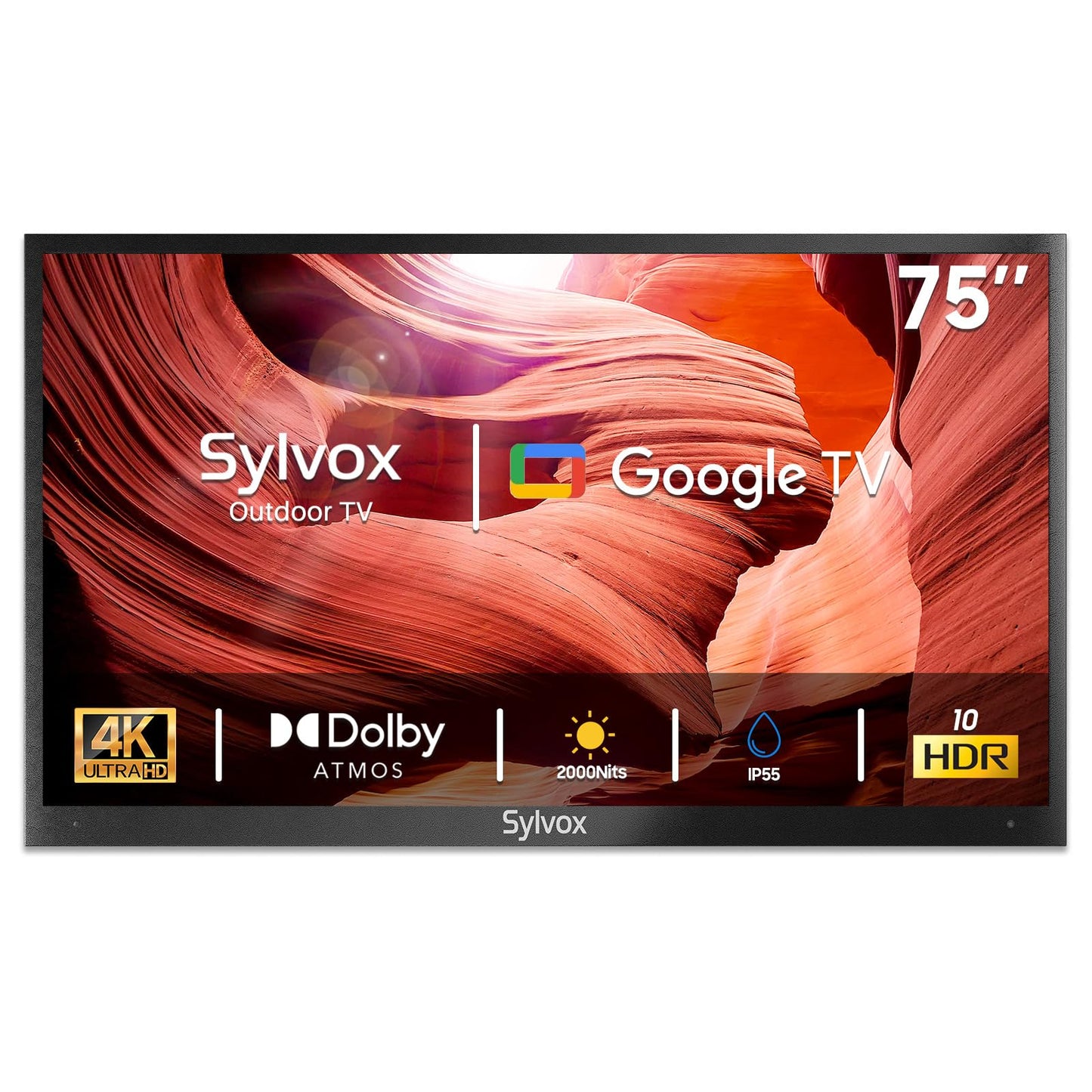 SYLVOX 75" Outdoor TV Compatible with Google TV, 4K 2000 Nit Sunlight Readable Outdoor Television with Voice Remote, Screencast, IP55 Waterproof Outside TV for Terrace Garden (Pool Pro 2.0) - 2024