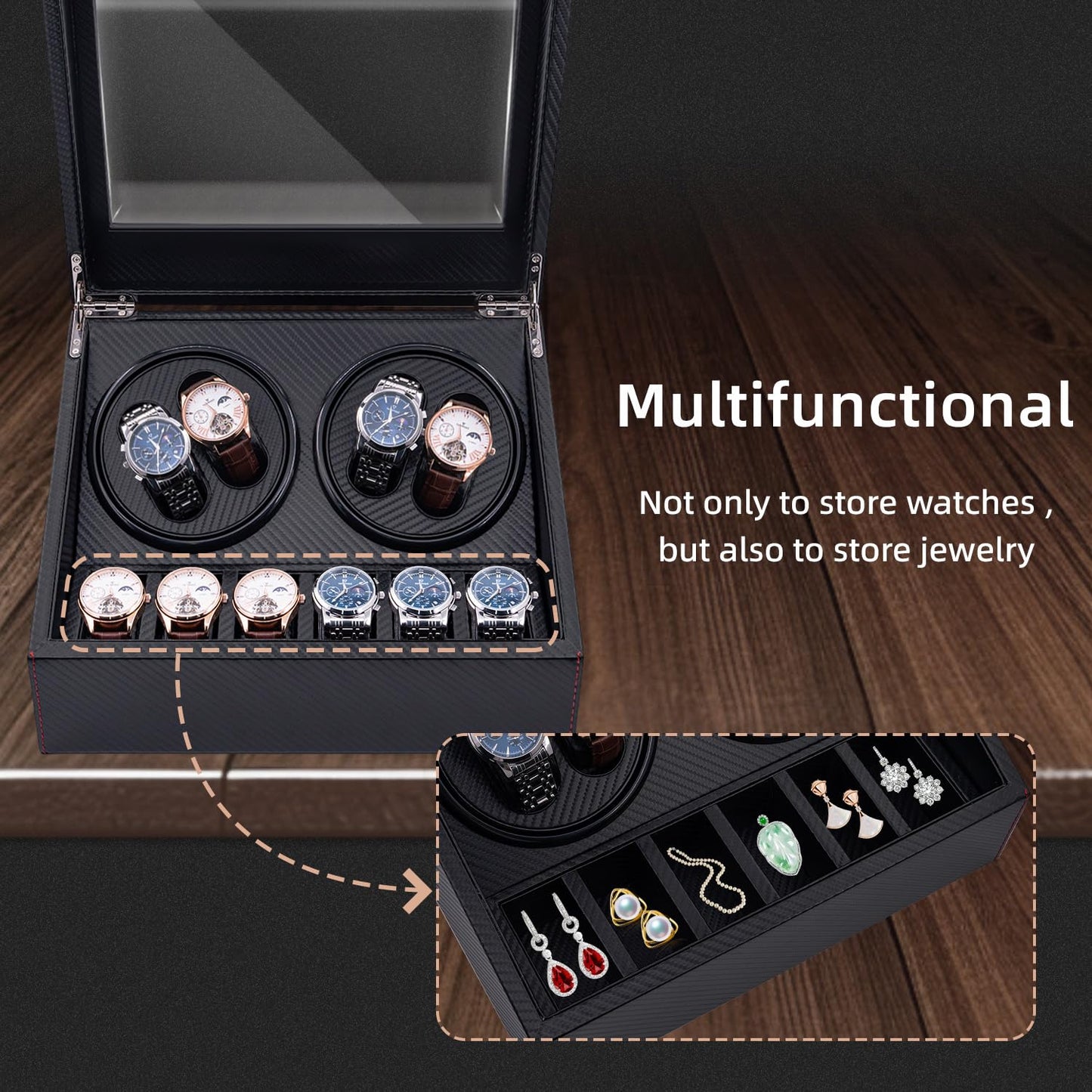Mcbazel Automatic Watch Winder Box for 4 Watches,4 Watch Winder Box with 4 Watch Winder & 6 Extra Storage Space,Carbon Fiber Leather Watch Winder Storage Display Box with Quiet Running Motor