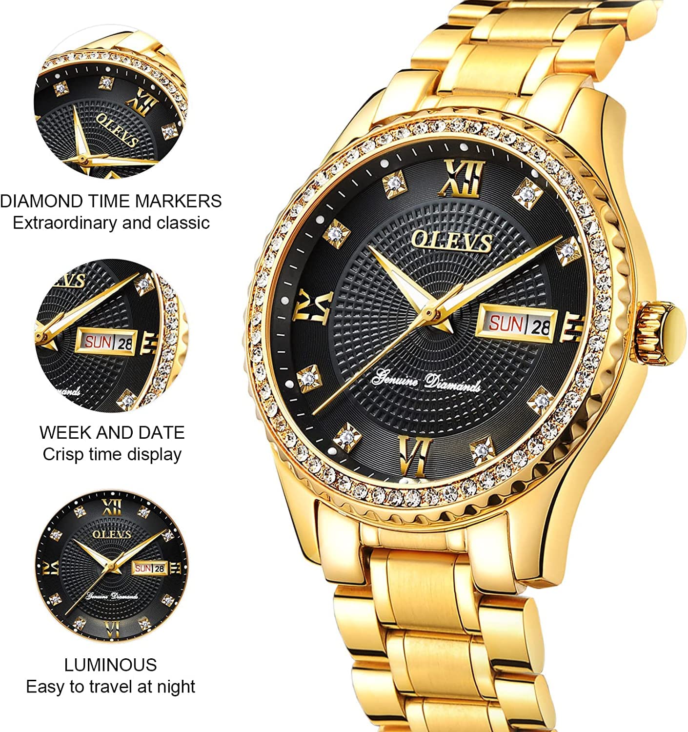 OLEVS Mens Watches Diamond Gold Dress Luxury Stainless Steel Waterproof Quartz Fashion Wrist Watches for Men with Date