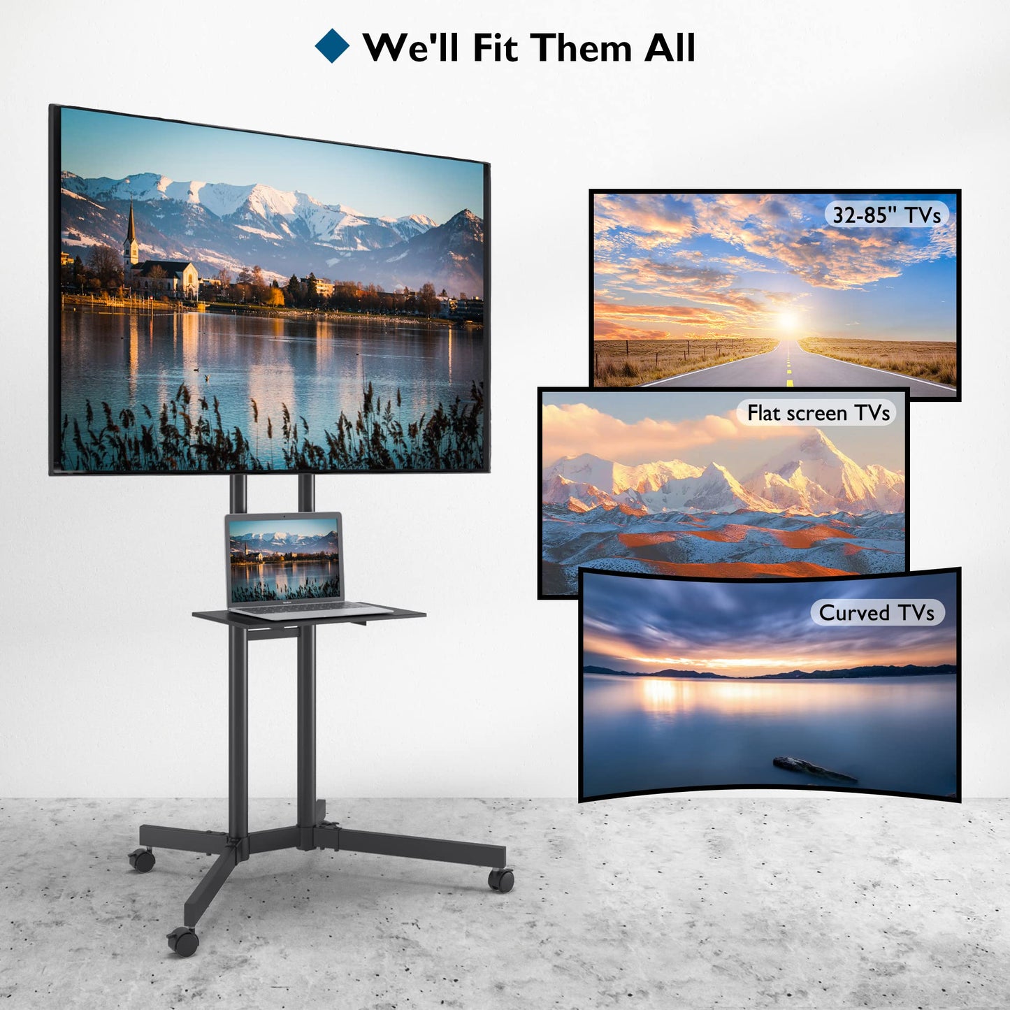 BONTEC Mobile TV Stand on Wheels for 32-85 inch LCD LED OLED Flat Curved TVs, Height adjustable Shelf Trolley Floor Stand Holds up to 60kg, TV Stand with Tray Max VESA 600x400mm