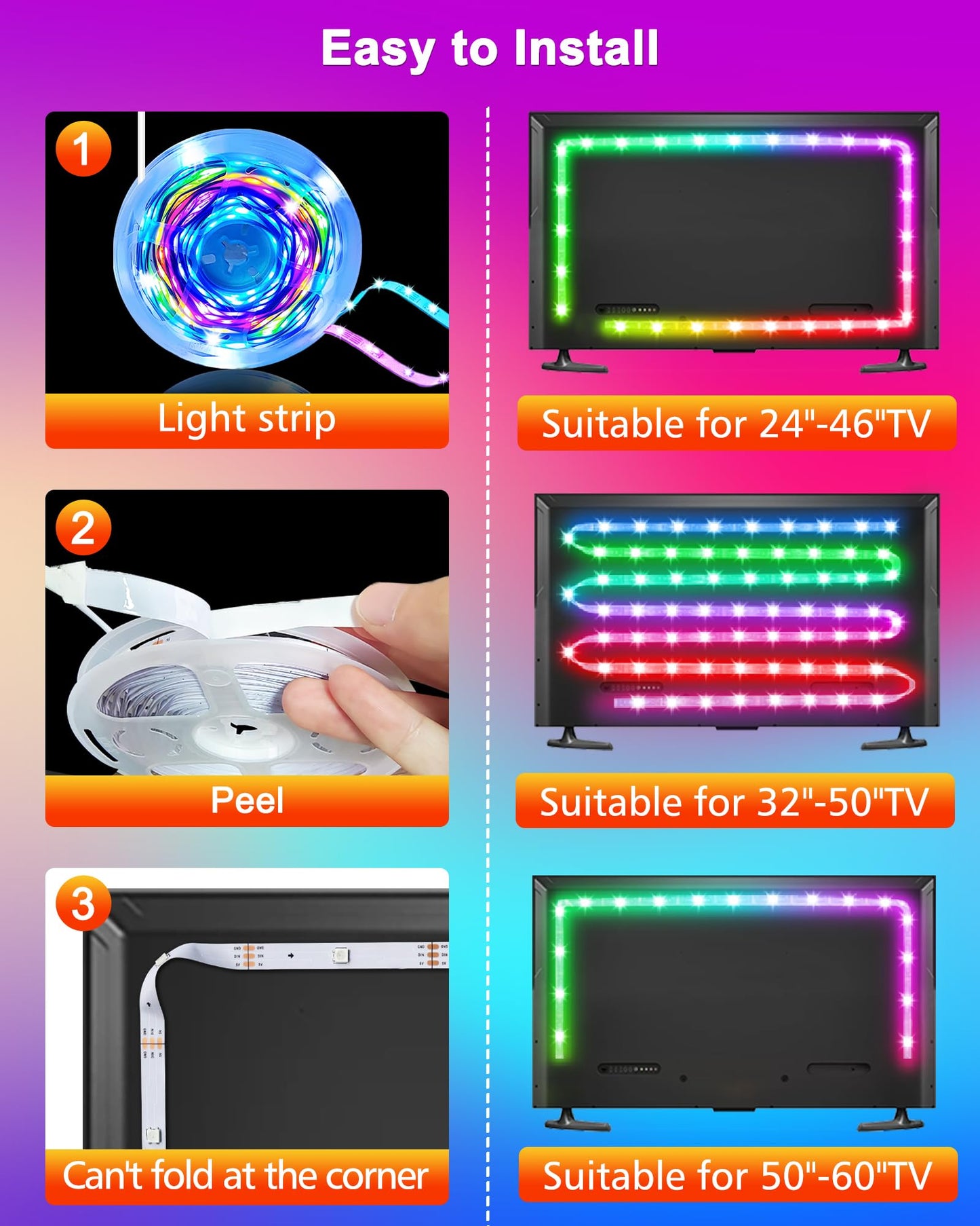 MATICOD LED Lights for TV, 3M TV Lights for 32-43in Tvs, Music Sync Color Changing RGB TV Backlight with Remote APP Control USB Led Strip Lights for Christmas Gaming Room Decoration