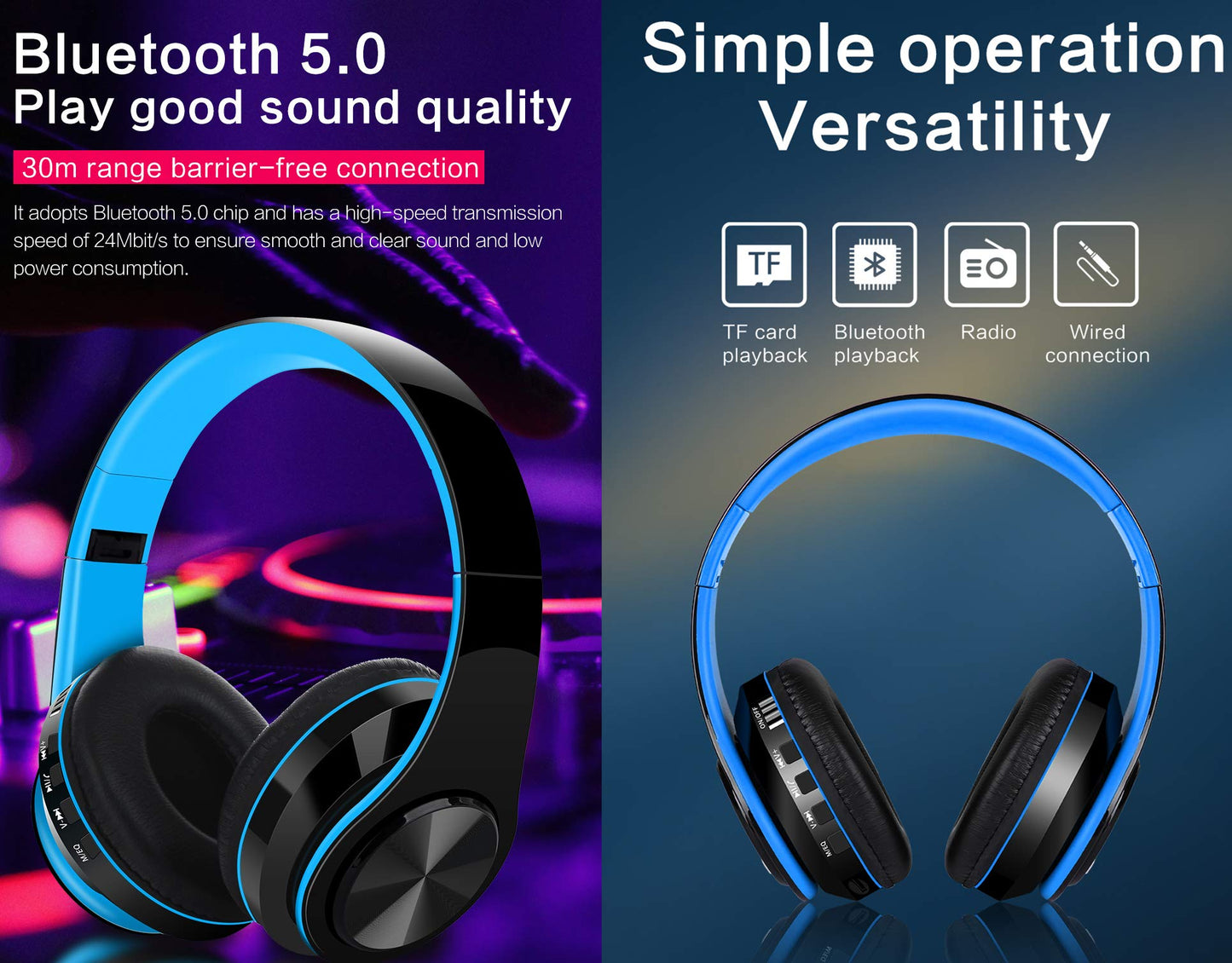WuXingMeiLi Wireless Bluetooth Headphones Over Ear, Foldable Headphones Hi-Fi Stereo Comfortable Earpads Bluetooth Headsets Wired Mode with Mic for Cellphone PC TV (Type1 black)