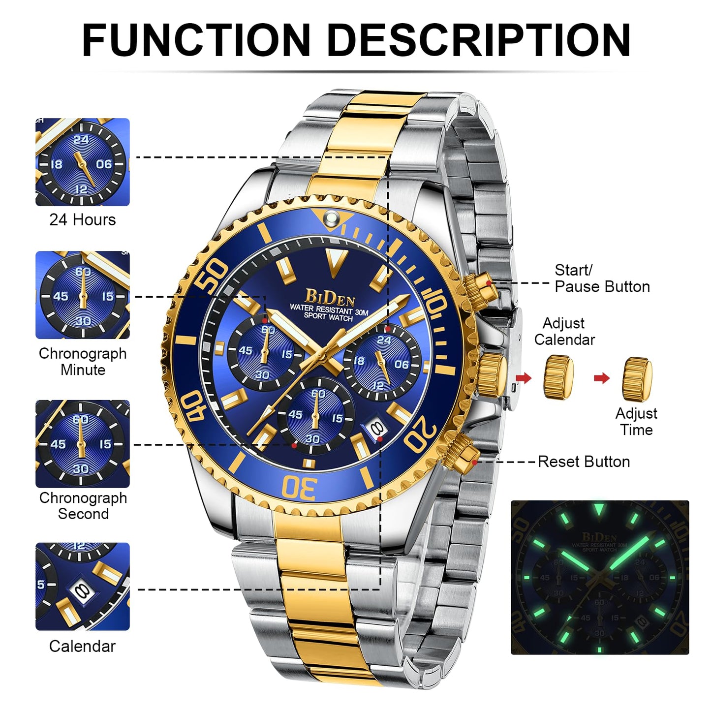 Designer Chronograph Military Waterproof Analogue Quartz Men Stainless Steel Wrist Watch Fashion Large Date Watches for Men Gold Blue