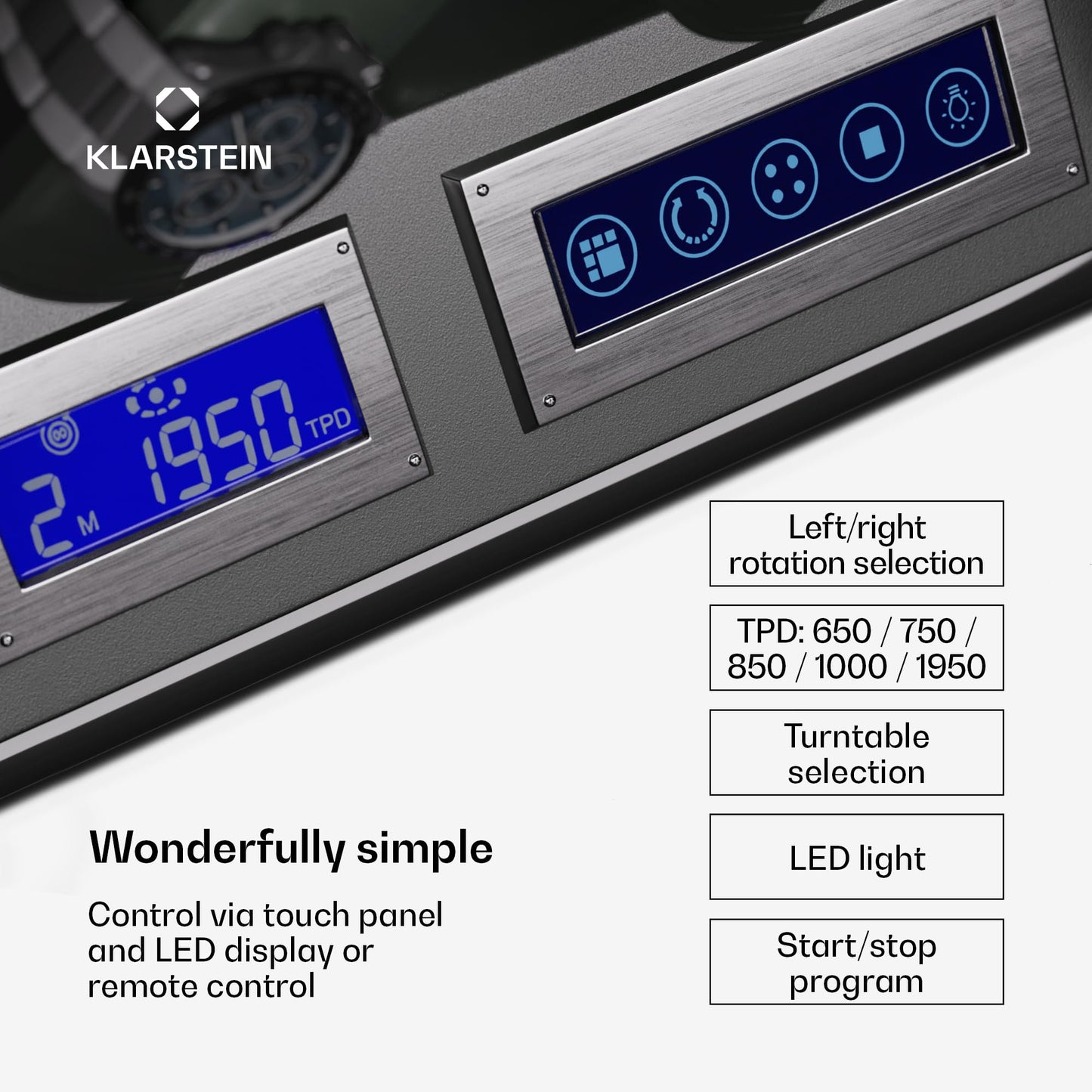 KLARSTEIN watch winder for automatic watches, automatic watch winder for 9 watches, automatic watch winder with acrylic door, automatic watch winder, blue LEDs, watch winder with 5 TPD settings