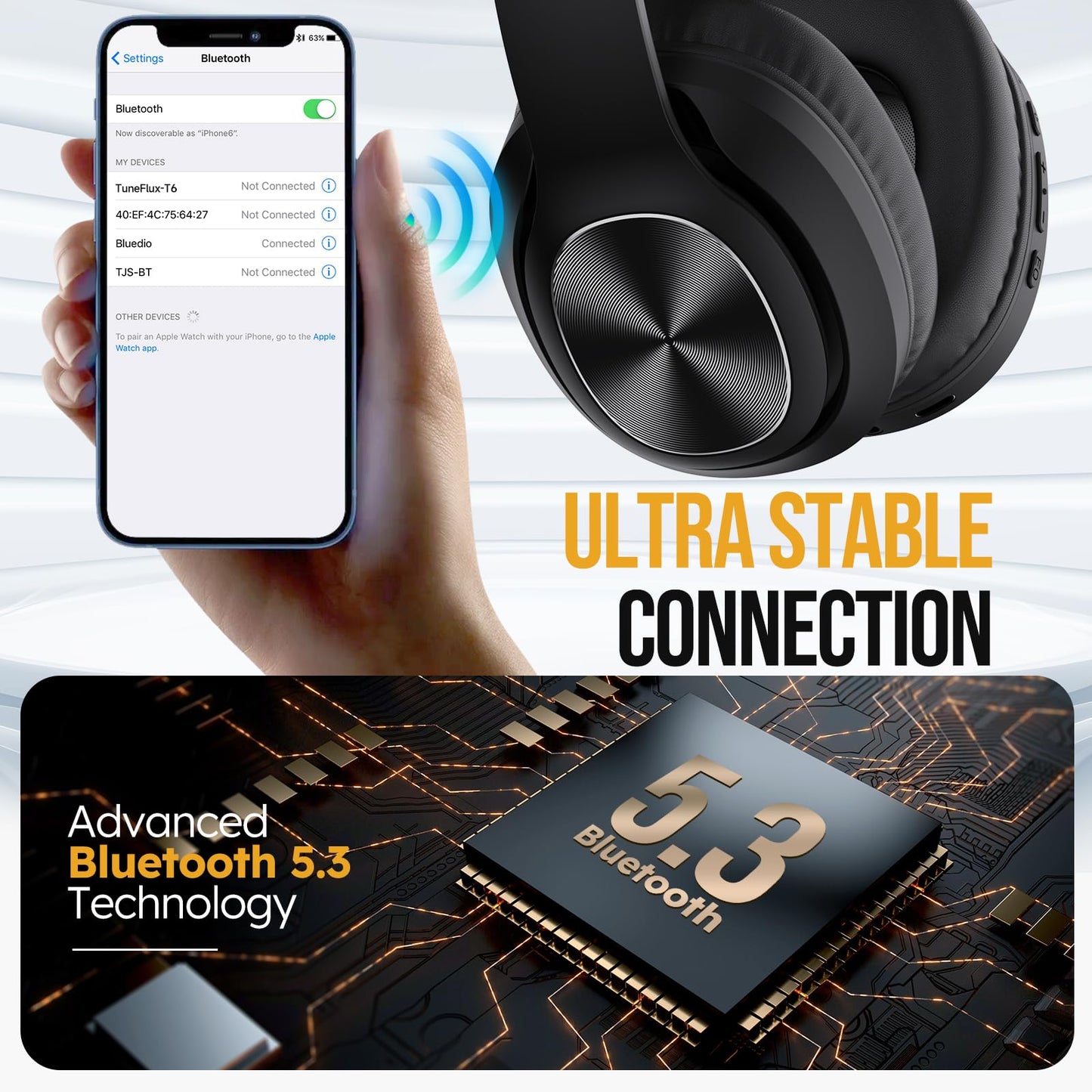 TuneFlux Wireless Bluetooth Headphones Over Ear, 80H Playtime, 3EQ Sound Modes, HiFi Stereo Headphones with Deep Bass Microphone, Foldable Bluetooth 5.3 Headsets-Black
