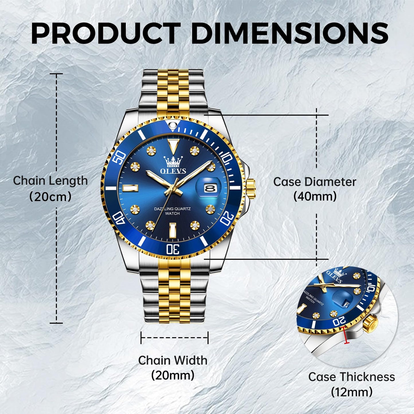 OLEVS Men's Watch Classic Blue Face Luxury Dress Watches for Men Big Dial Gold Silver Stainless Steel Band Analog Quartz Men's Wrist Watch with Rotating Bezel Date Waterproof Mens Watches