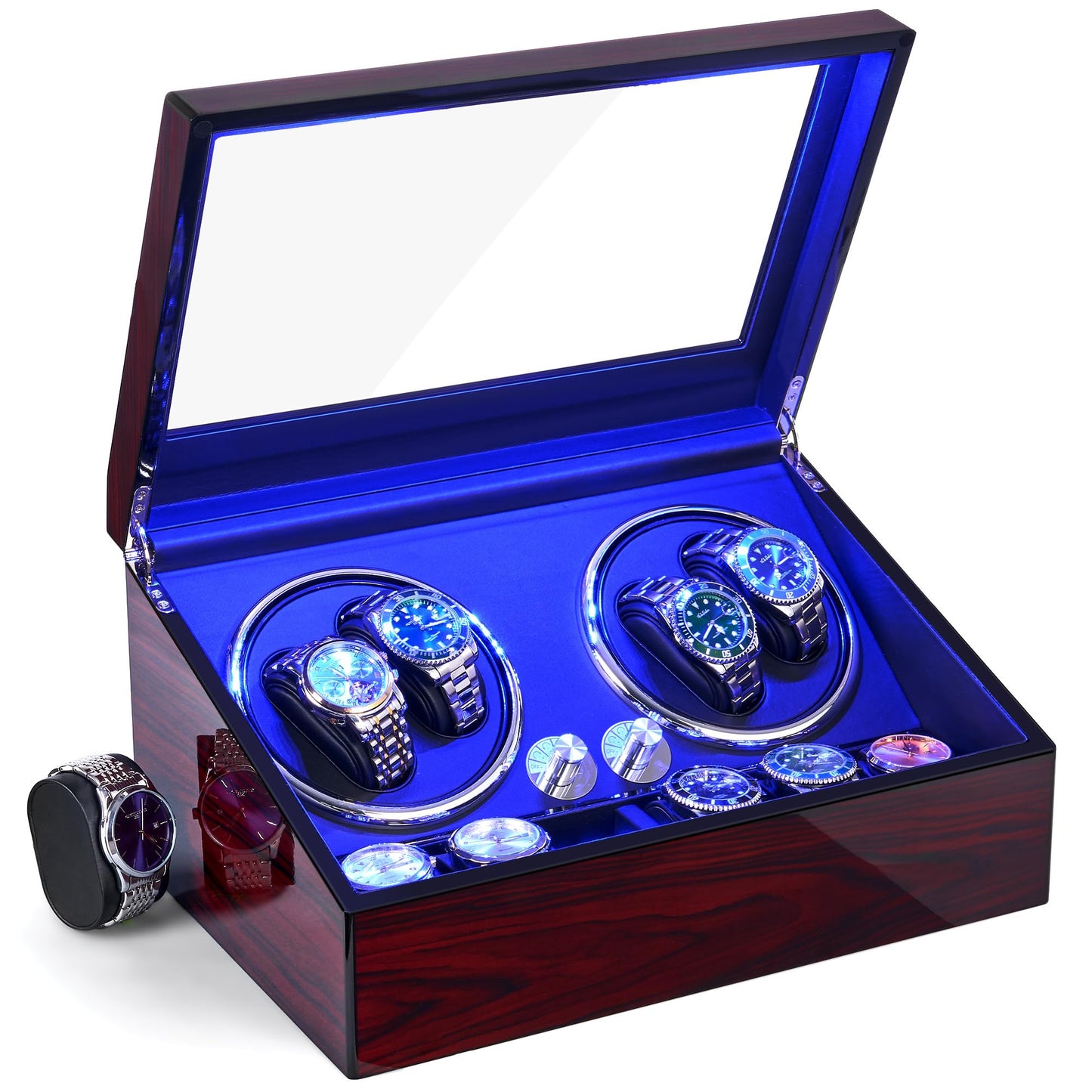 ANWBROAD Watch Winder for Automatic Watches 4 Watch Rotator and 6 Extra Storages with Super Quiet Mabuchi Motor LED Backlight Watch Turner Piano Paint Watch Shaker 5 Rotating Modes Gift USB JWW002Y