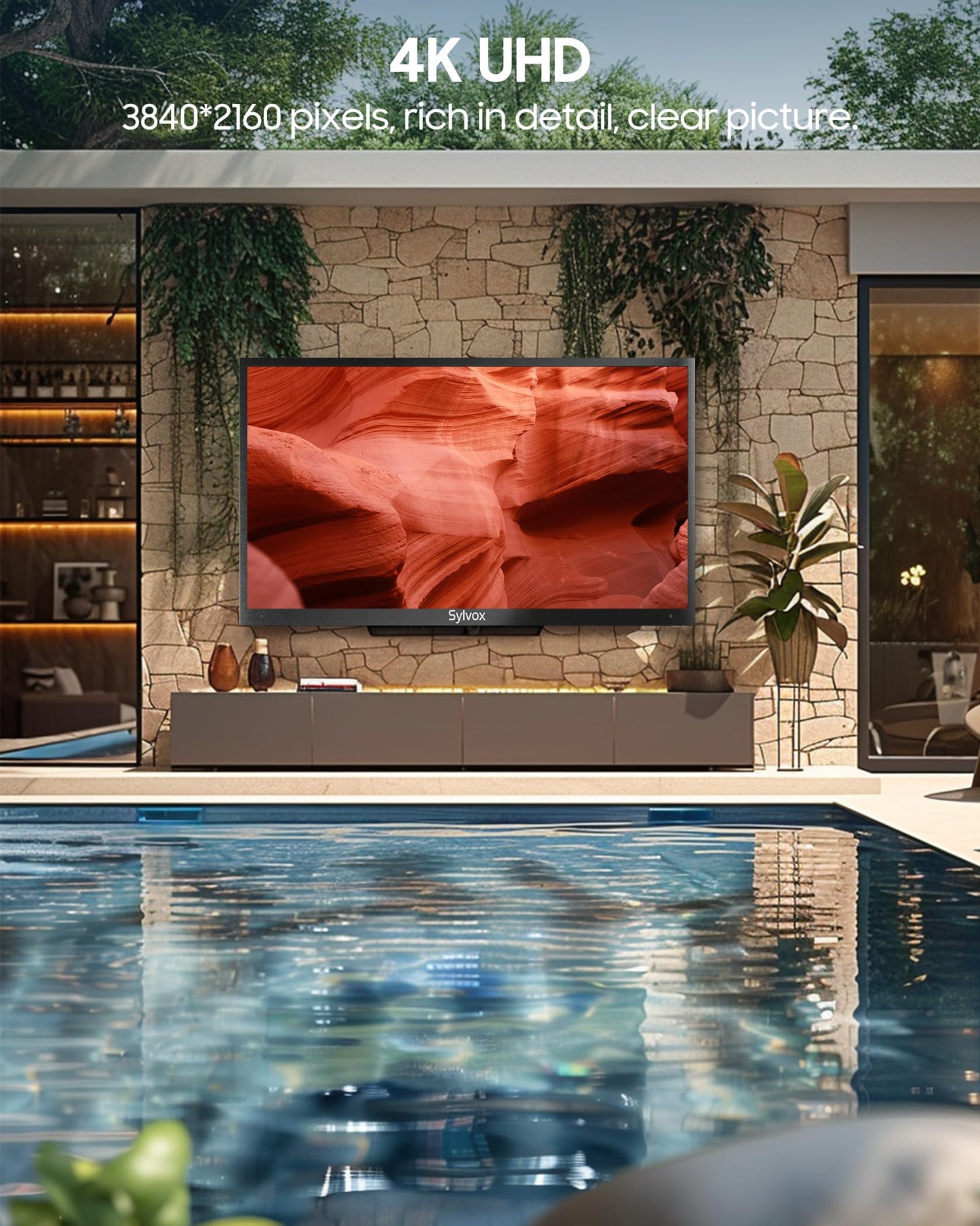 SYLVOX 75" Outdoor TV Compatible with Google TV, 4K 2000 Nit Sunlight Readable Outdoor Television with Voice Remote, Screencast, IP55 Waterproof Outside TV for Terrace Garden (Pool Pro 2.0) - 2024