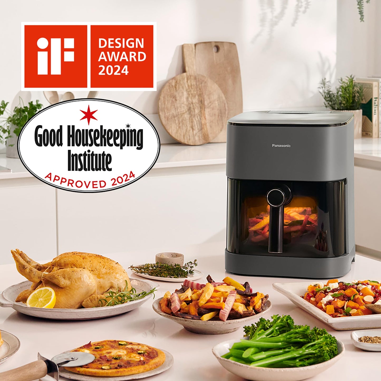 Panasonic NF-CC500SXC Air Fryer With Viewing Window, 5L, 80-200°C, Digital Timer & LCD, Gentle Steam, 11 Presets, Easy Clean, Matt Grey