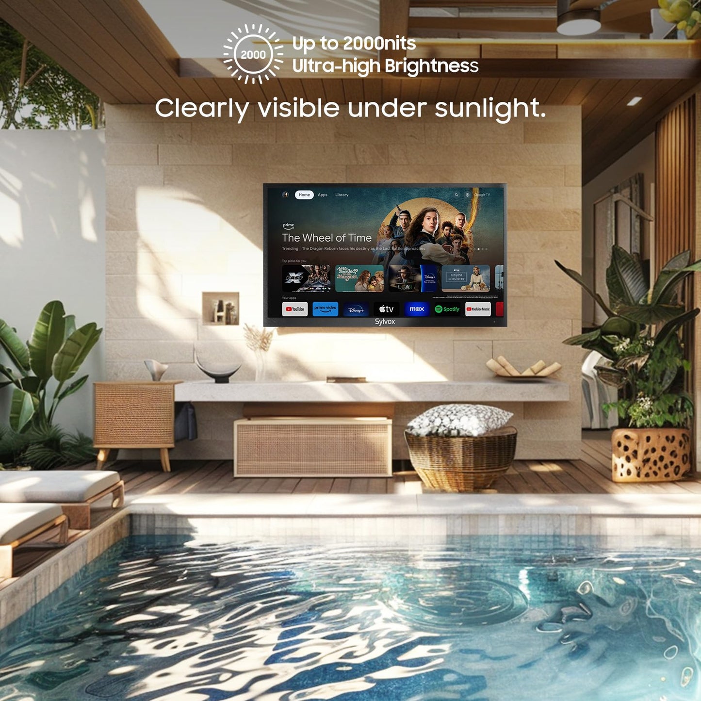 SYLVOX 75" Outdoor TV, 4K HDR10 QLED Smart TV for Google TV, Waterproof 2000nits High Brightness Outside TV for Full Sun, Share to TV, Voice Assistant, Quantum Dot (Pool Pro QLED 2.0) - 2024 Model