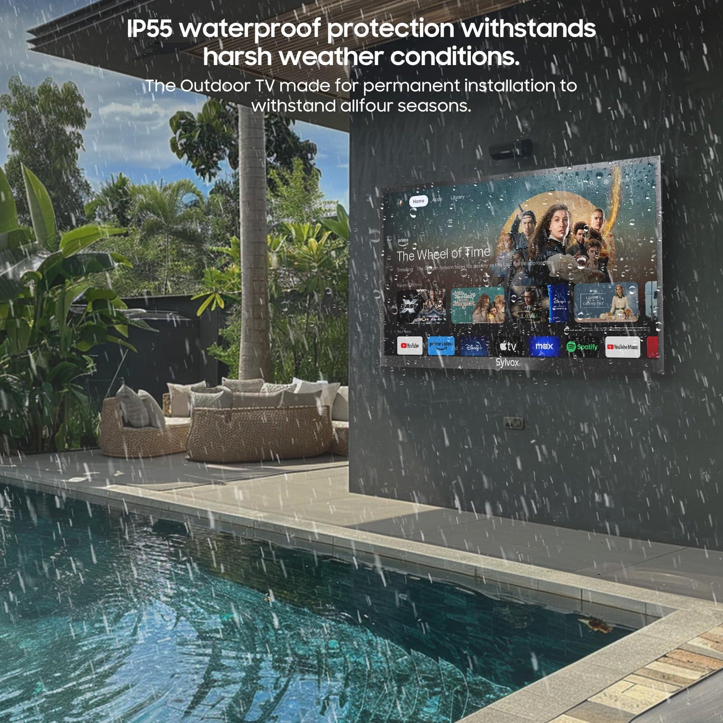 SYLVOX 75" Outdoor TV, 4K HDR10 QLED Smart TV for Google TV, Waterproof 2000nits High Brightness Outside TV for Full Sun, Share to TV, Voice Assistant, Quantum Dot (Pool Pro QLED 2.0) - 2024 Model