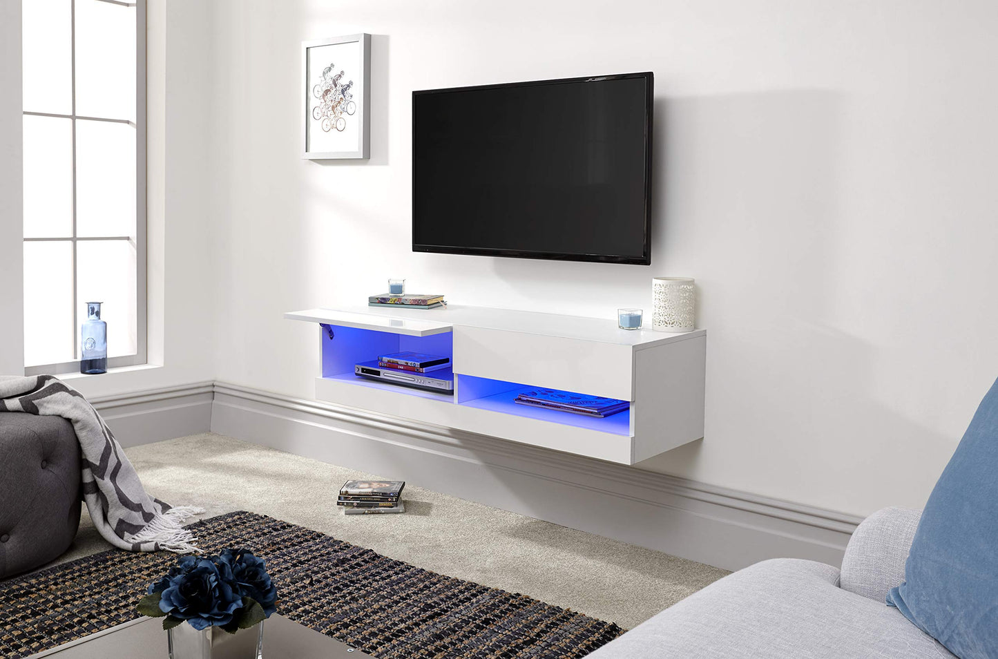 GFW Galicia Wall Mounted High Gloss Featuring A LED Downlight, This Floating TV Unit Console & Television Stand for Living Entertainment Room with Storage Shelves, Melamine, White, 120cm