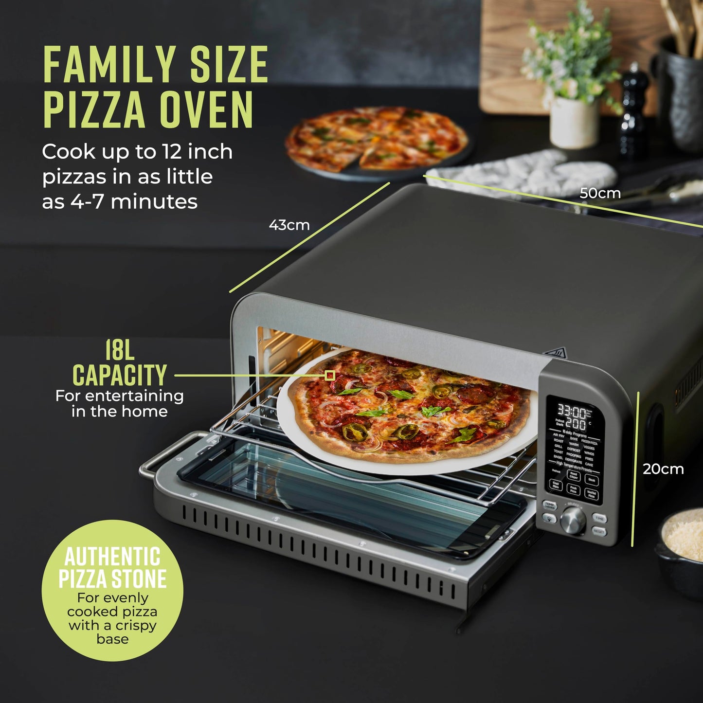 Tower T17141 Elite Pizza Oven with 5 High Temperature Programs, 15 Cooking Functions, Turbo Crisper, 400C,18L, 2000W, Grey & Chrome