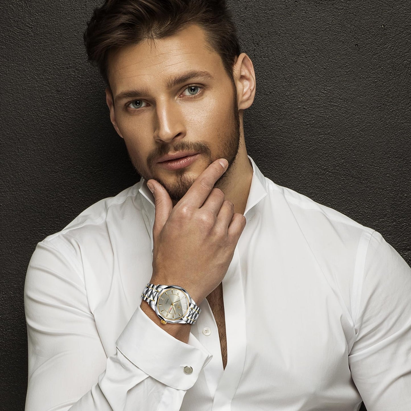 JewelryWe Business Analog Quartz Watches: Men Women Dress Waterproof Luminous Date Calendar Dial Stainless Steel Luxury Multifunctional Couple Wrist Watch