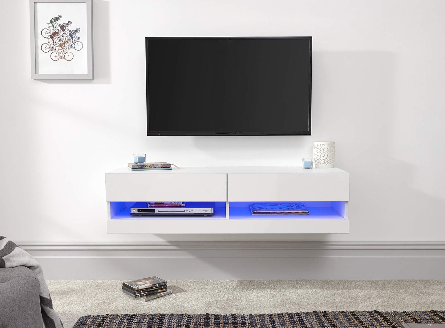 GFW Galicia Wall Mounted High Gloss Featuring A LED Downlight, This Floating TV Unit Console & Television Stand for Living Entertainment Room with Storage Shelves, Melamine, White, 120cm