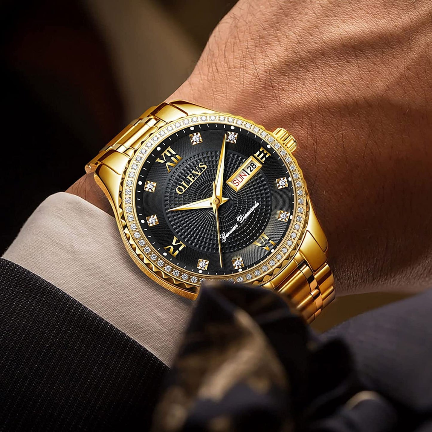 OLEVS Mens Watches Diamond Gold Dress Luxury Stainless Steel Waterproof Quartz Fashion Wrist Watches for Men with Date