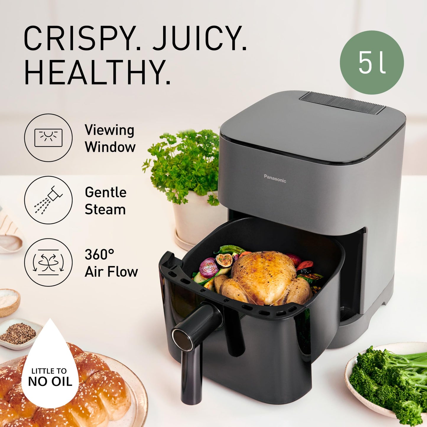 Panasonic NF-CC500SXC Air Fryer With Viewing Window, 5L, 80-200°C, Digital Timer & LCD, Gentle Steam, 11 Presets, Easy Clean, Matt Grey