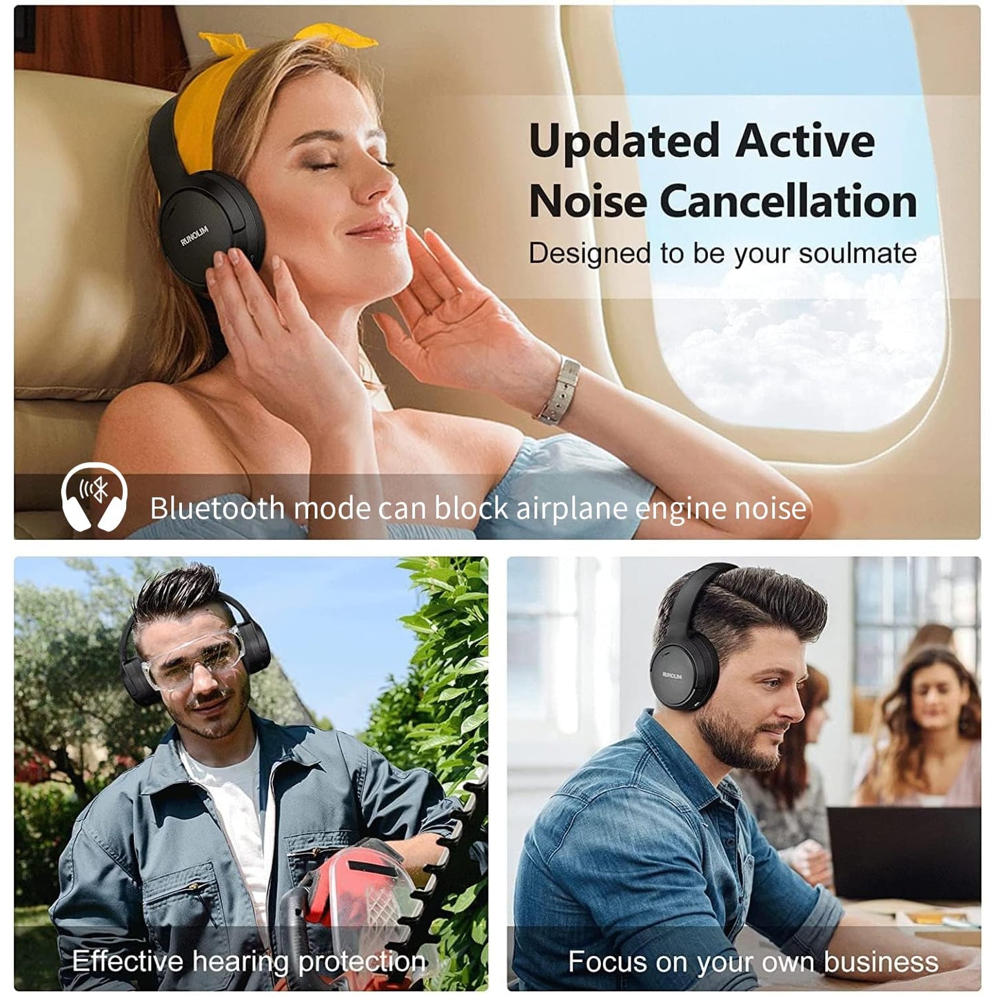 RUNOLIM Hybrid Active Noise Cancelling Headphones, Wireless Over Ear Bluetooth Headphones with Microphone, 70H Playtime, Foldable Wireless Headphones with HiFi Audio, Deep Bass for Home Travel Office