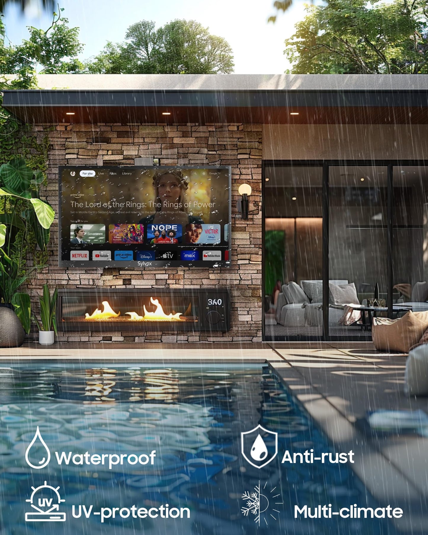 SYLVOX 75" Outdoor TV Compatible with Google TV, 4K 2000 Nit Sunlight Readable Outdoor Television with Voice Remote, Screencast, IP55 Waterproof Outside TV for Terrace Garden (Pool Pro 2.0) - 2024