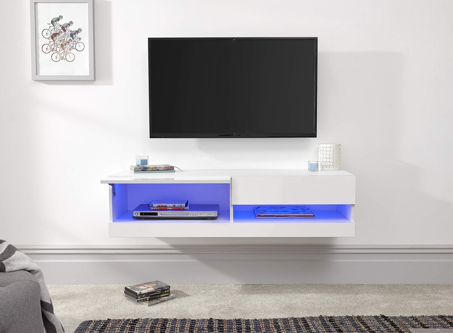 GFW Galicia Wall Mounted High Gloss Featuring A LED Downlight, This Floating TV Unit Console & Television Stand for Living Entertainment Room with Storage Shelves, Melamine, White, 120cm