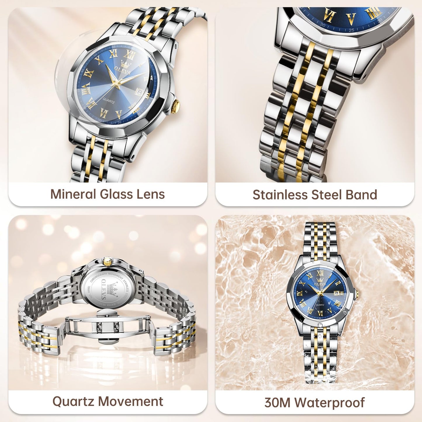 OLEVS Ladies Watches Small Face Gold Silver Stainless Steel Analog Quartz Women's Watch Luxury Elegant Blue Women's Dress Watches Classic Roman Numerals Waterproof Watches for Women