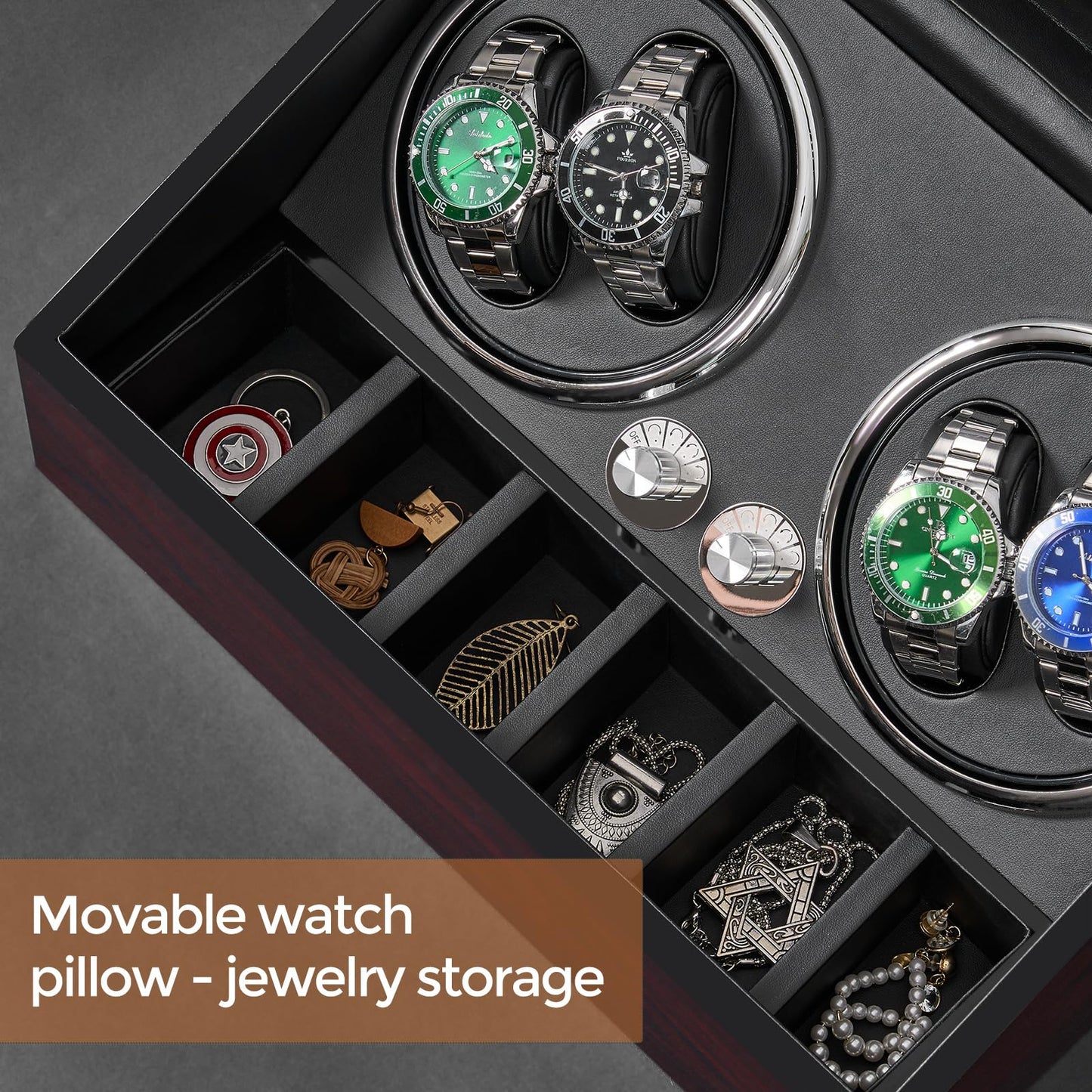 ANWBROAD Watch Winder for Automatic Watches 4 Watch Rotator and 6 Extra Storages with Super Quiet Mabuchi Motor LED Backlight Watch Turner Piano Paint Watch Shaker 5 Rotating Modes Gift USB JWW002Y