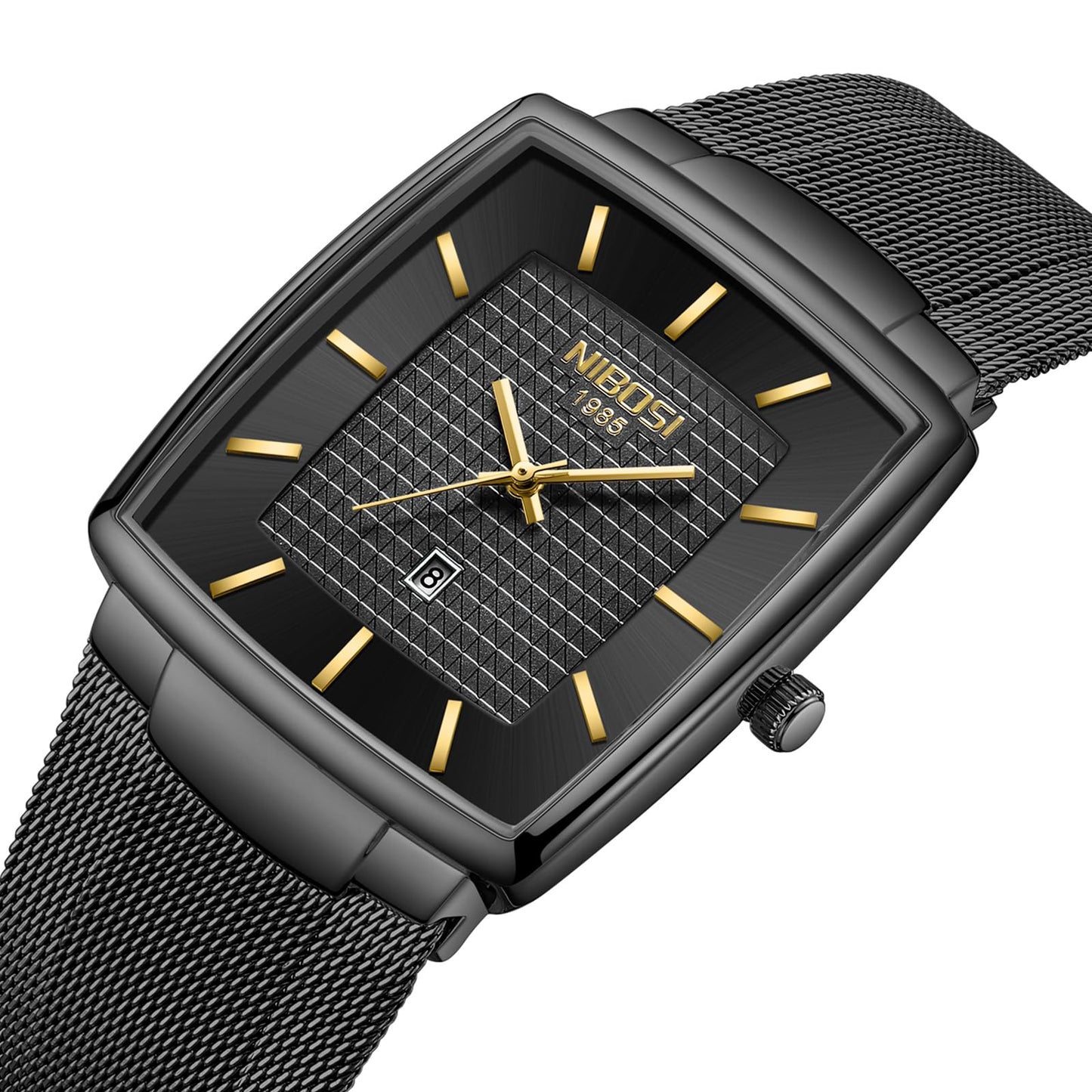 NIBOSI Men Watches Luxury Military Waterproof Sport Quartz Analog Square Wrist Watch for Men with Stainless Steel Mesh Band Date Calendar (All Black Gold)