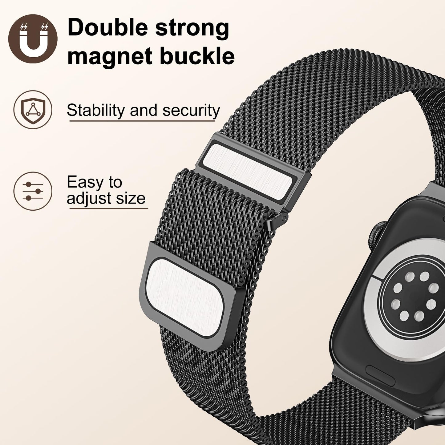 Yoohoo Adjustable Metal Strap Compatible with Apple Watch Straps 38mm 40mm 41mm 42mm(Series 10) Women Men,Upgraded Replacement Band for iWatch Series 10 9 8 7 6 5 4 3 2 1 SE Double Magnetic,Black