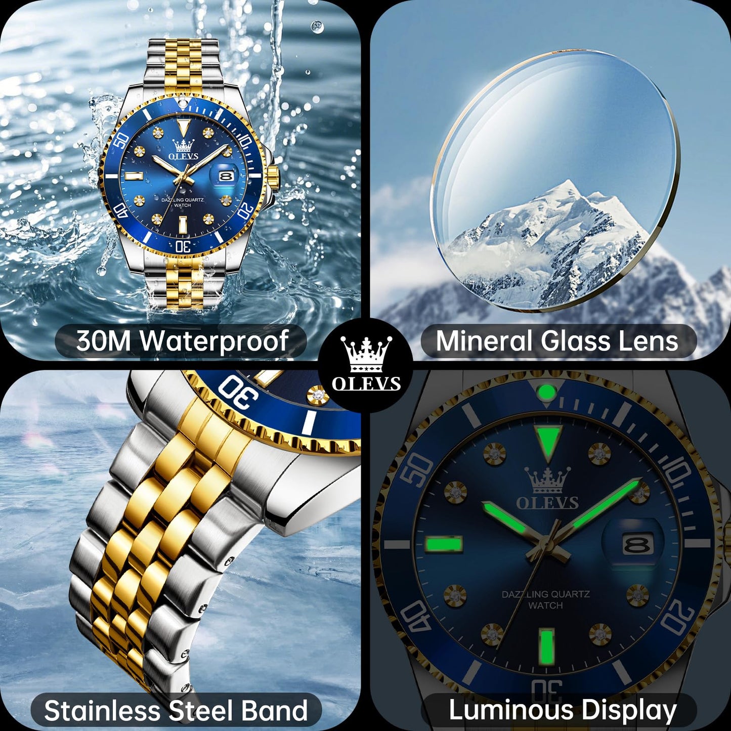 OLEVS Men's Watch Classic Blue Face Luxury Dress Watches for Men Big Dial Gold Silver Stainless Steel Band Analog Quartz Men's Wrist Watch with Rotating Bezel Date Waterproof Mens Watches