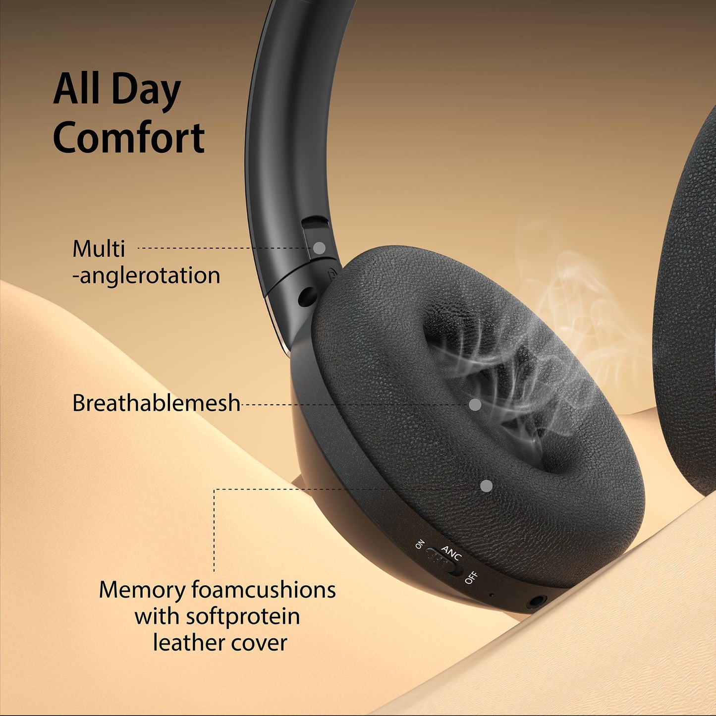 Active Noise Cancelling Wireless Headphones, 100H Playtime with Microphone, Over- Ear Bluetooth Headphones with Deep Bass,Fast Charging for Travel,Office,Home
