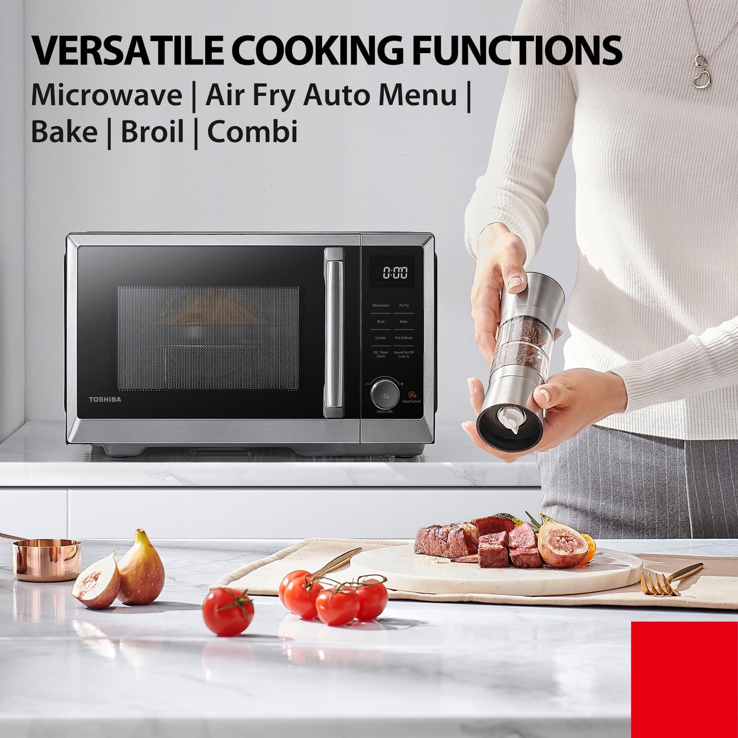 TOSHIBA Air Fry Auto Menu Combo 5-IN-1 26L Countertop Microwave Oven, Broil, Bake, Combi, 10 Power Levels, 10 Auto Cooking Presets, Easy Defrost, Black, 900W, ML2-EC26SF(BS)