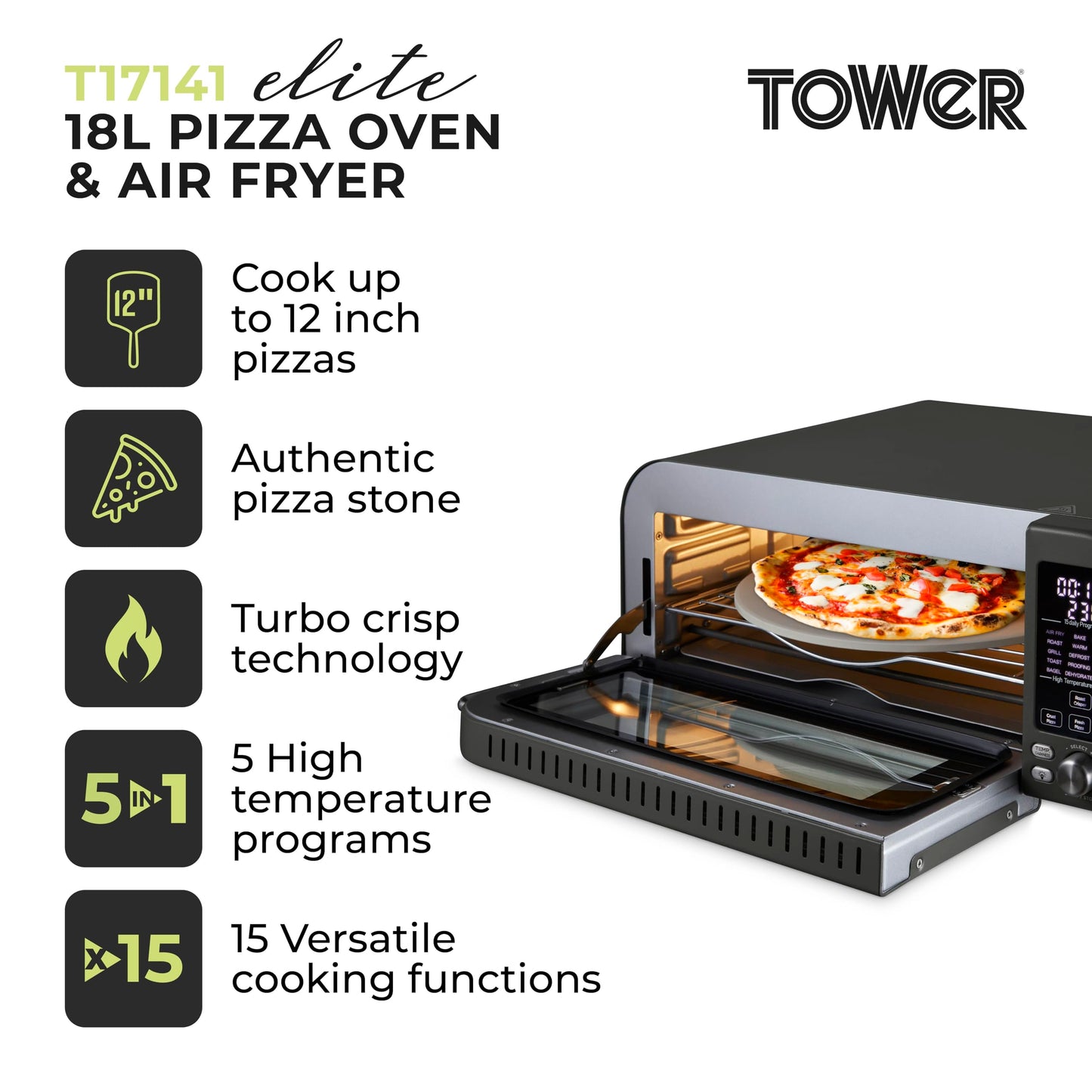 Tower T17141 Elite Pizza Oven with 5 High Temperature Programs, 15 Cooking Functions, Turbo Crisper, 400C,18L, 2000W, Grey & Chrome