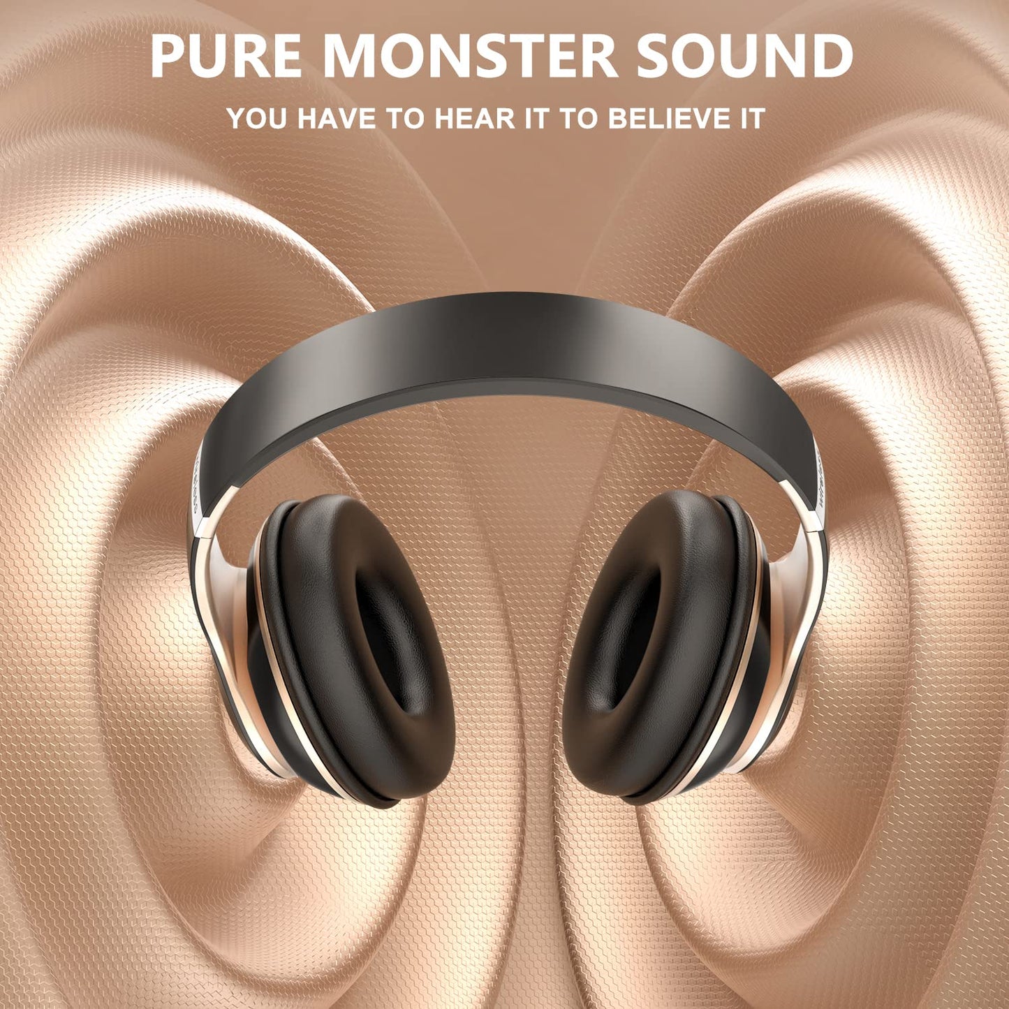 Rebocico Bluetooth Headphones Over Ear, 6 EQ Modes Wireless Headphones Over Ear,65 Hours Playtime Foldable Lightweight Wireless Headphones,with Built-in HD Mic, FM, SD/TF for PC/Home(Black & Gold)