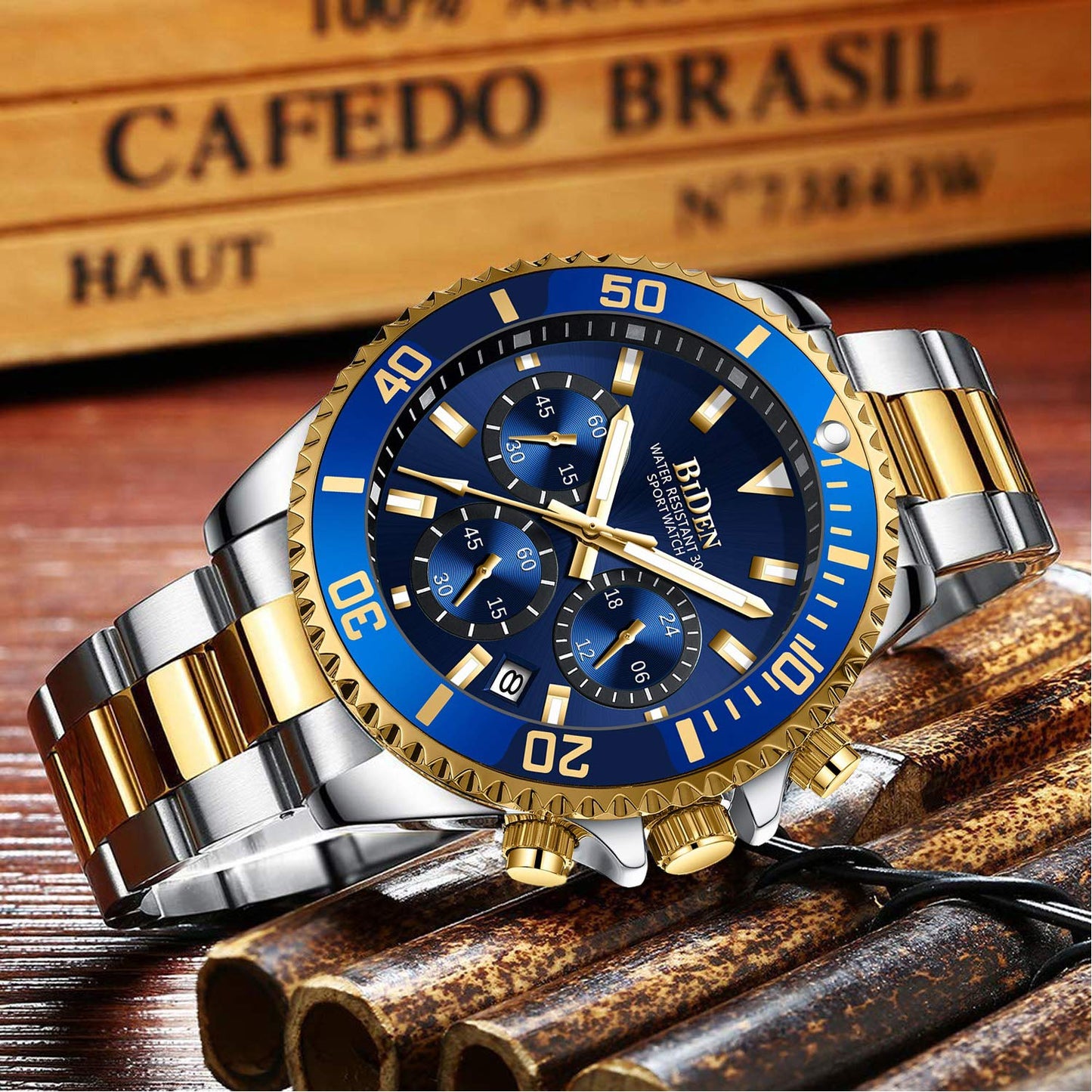 Designer Chronograph Military Waterproof Analogue Quartz Men Stainless Steel Wrist Watch Fashion Large Date Watches for Men Gold Blue