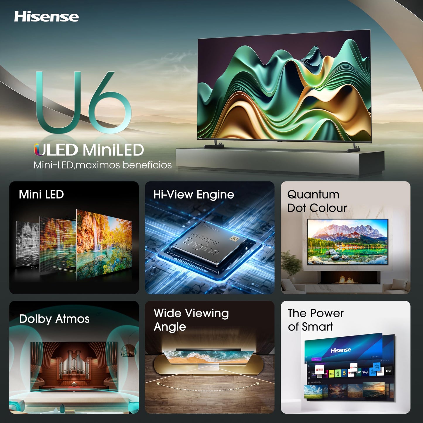 Hisense 75 Inch 4K Mini-LED TV 75U6NQTUK - Quantum Dot Colour, Dolby Vision Atmos, Hi-View Engine, FilmMaker Mode, Vidaa OS with Voice Control, Freely, Youtube, Netflix and Disney+ (2024 Model)