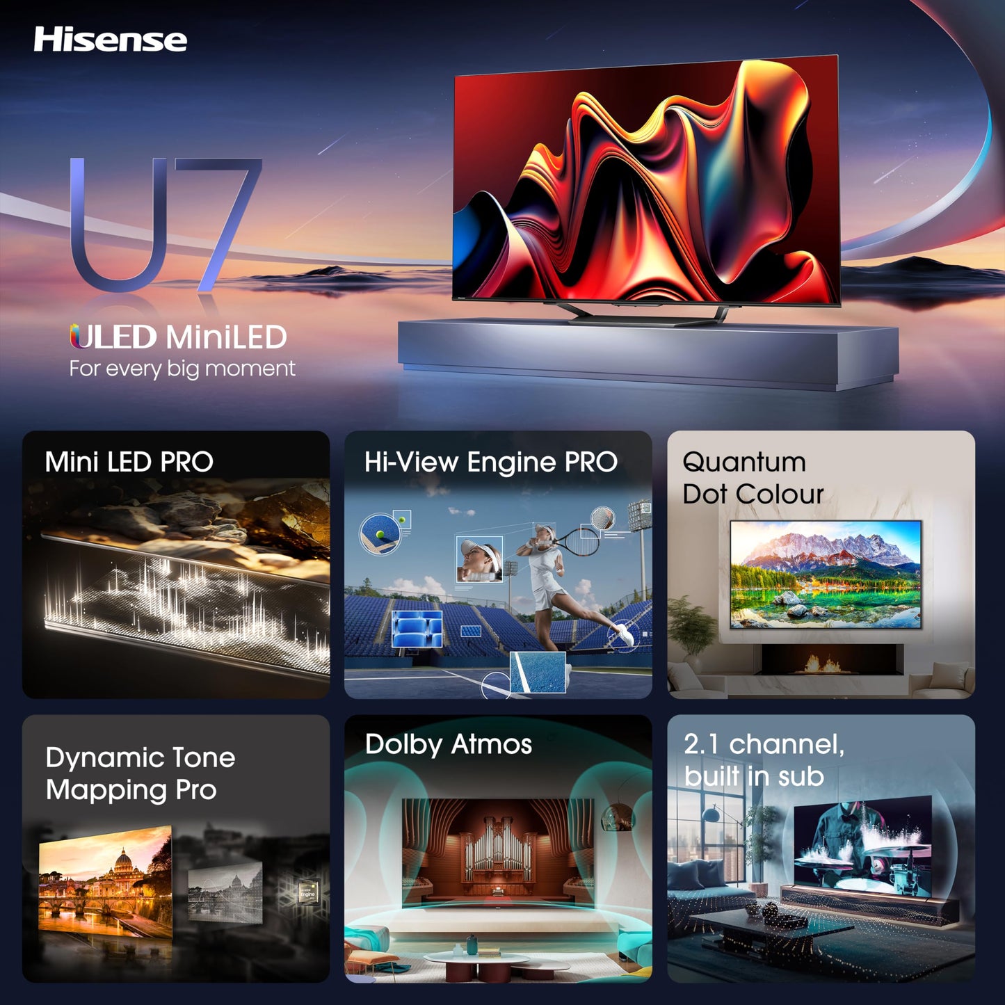 Hisense 85 Inch 144Hz Mini-LED Smart TV 85U7NQTUK - Quantum Dot Colour, Dolby Vision IQ & Atmos, iMax Enhanced, Built-in Subwoofer and Vidaa OS with Freely, Youtube, Netflix and Disney+ (2024 Model)
