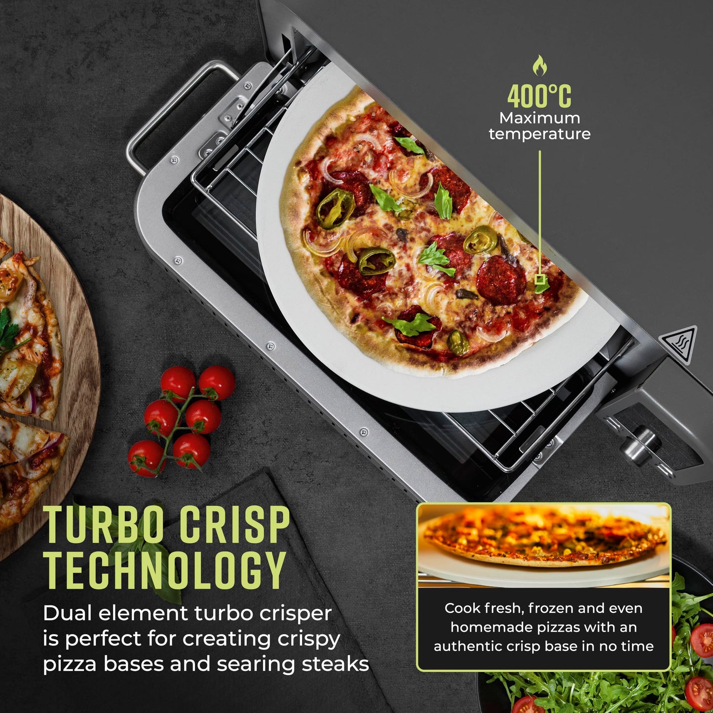 Tower T17141 Elite Pizza Oven with 5 High Temperature Programs, 15 Cooking Functions, Turbo Crisper, 400C,18L, 2000W, Grey & Chrome