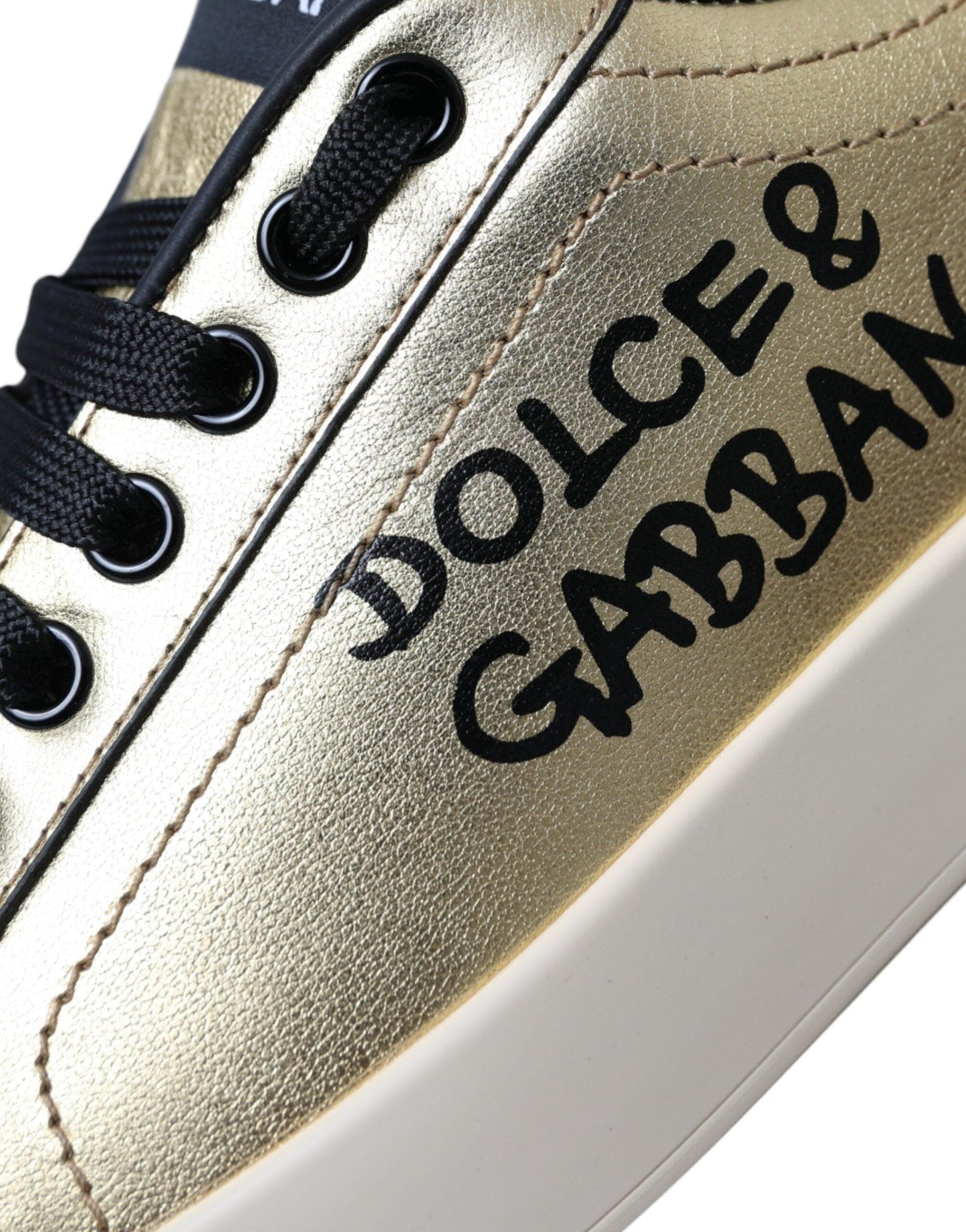Dolce & Gabbana Gold Portofino Calf Leather Sneakers Women's Shoes (Pre-Owned), Gold Black, 5.5