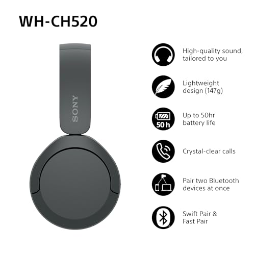 Sony WH-CH520 Wireless Bluetooth Headphones - up to 50 Hours Battery Life with Quick Charge, On-ear style - Black