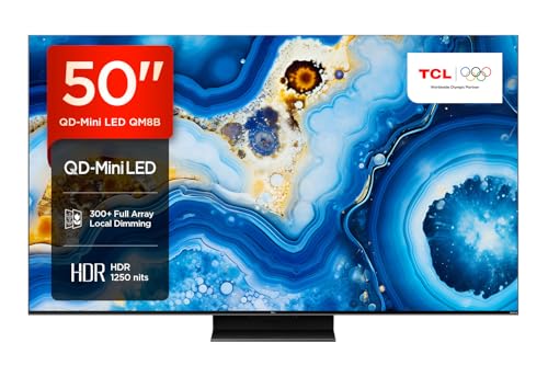 TCL 50QM8B 50-inch QLED Mini LED TV, 4K HDR Premium 1300nits, Smart TV Powered by Google TV (Dolby Vision & Atmos, Onkyo 2.0 sound system, 144Hz Motion Clarity Pro, Hands-Free Voice Control) Black