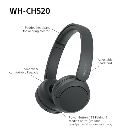 Sony WH-CH520 Wireless Bluetooth Headphones - up to 50 Hours Battery Life with Quick Charge, On-ear style - Black