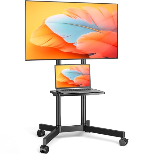 TVON Mobile TV Stand on Wheels for 32-75 Inch LCD LED Flat Panel Plasma TVs, Corner TV Floor Stand with Shelf Height Adjustable TV Trolley Max VESA 400x400mm up to 40 kg, Black