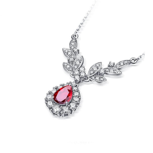 Dsnyu 18K White Gold 750 Bridesmaid Necklaces, 0.69ct Ruby Pendant Necklaces for Women, Flower Silver Necklace Dainty Fine Jewelry Gifts for Her