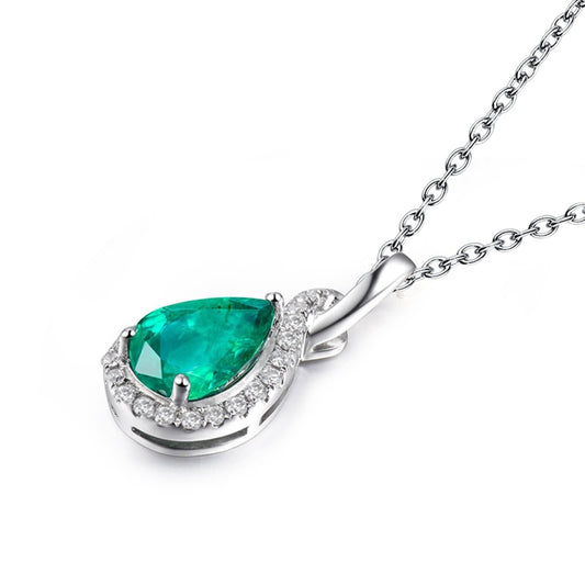 WHOIY Real Gold Jewellery White Gold 18K Women's Tear Drop Chain Long Women's with Pendant with Green Emerald 1.22 Carat Gift for Valentine's Day Engagement Birthday Christmas Silver