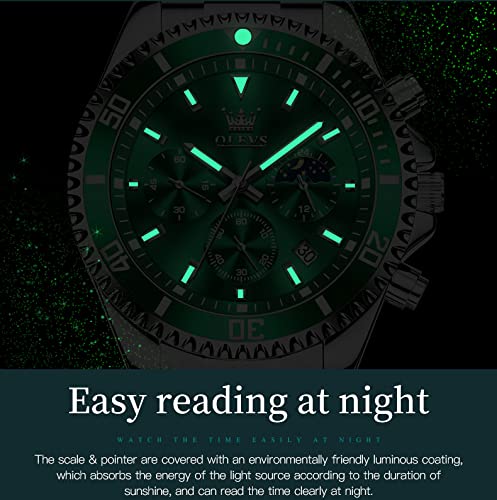 OLEVS Green Dial Watches for Men Fashion Analog Quartz Waterproof Chronograph Gold Silver Stainless Steel Watch Business Classic Luxury Big Face Luminous Multifunction Men Wristwatches (1)