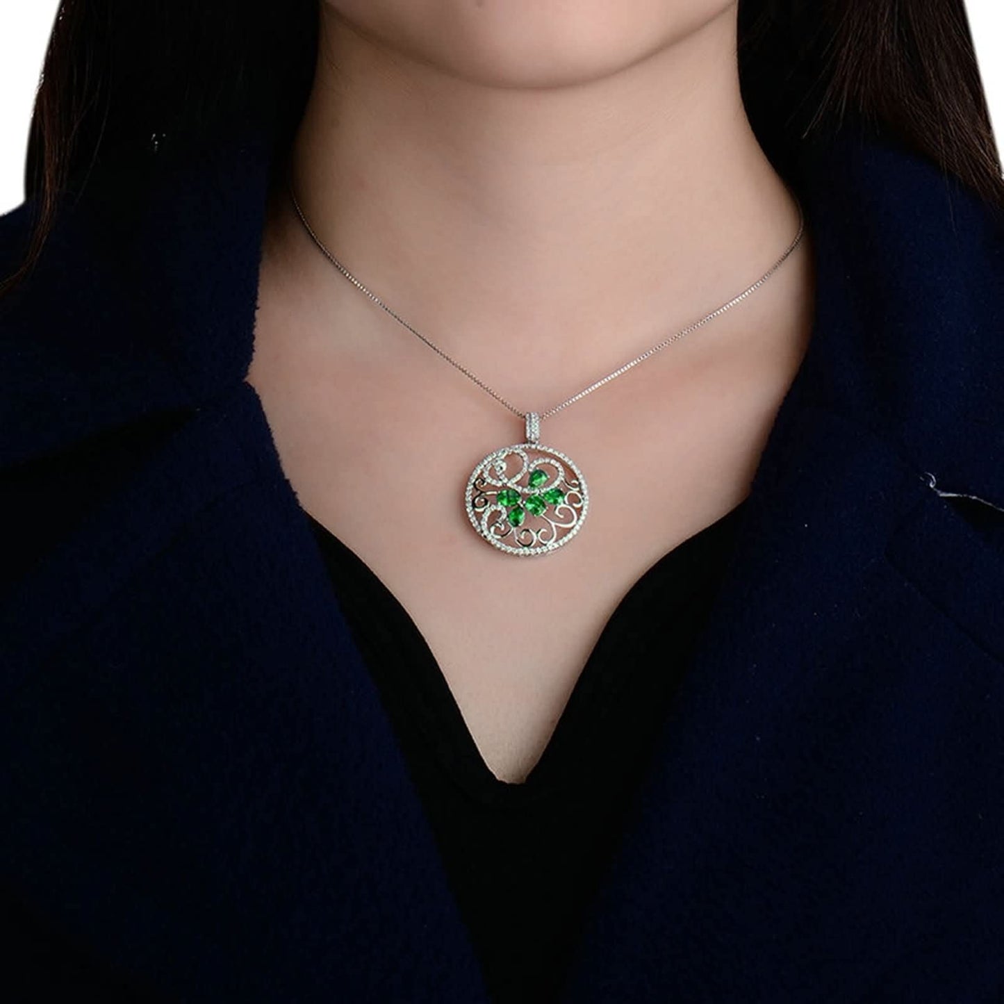 WHOIY Real Gold Jewellery White Gold 750 Women's Necklace Hollow Pendant Women's Necklace with Green Tsavorite 1.67 Carat Gift for Christmas White Gold