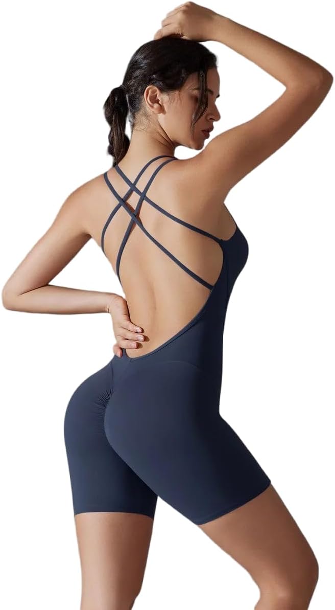 ASNAT Backless Fitness Jumpsuit Women Sportwear Gym Clothes One Piece Cross Yoga Suit Workout Sport Scrunch Shorts Romper Set-Blue-S