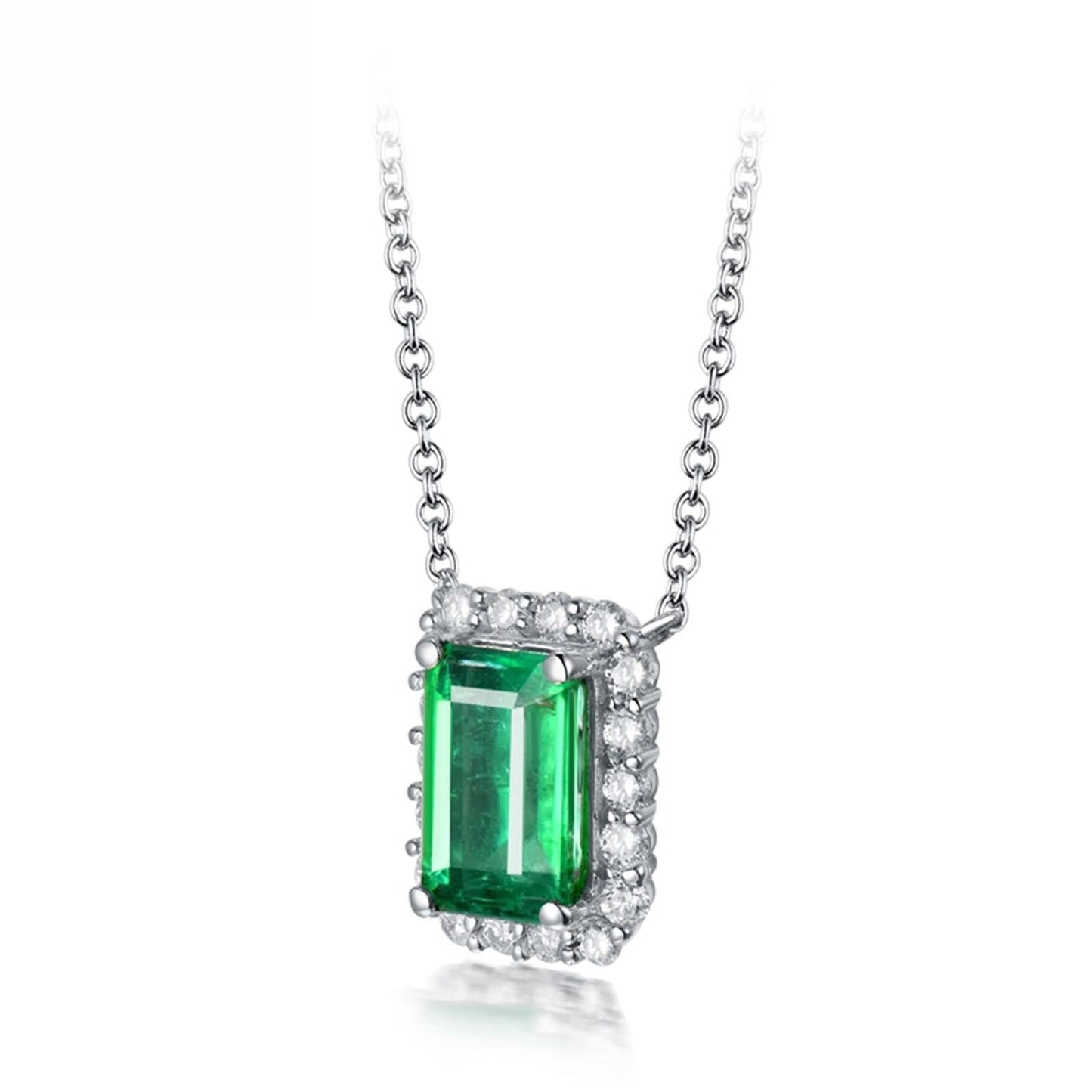 WHOIY Real Gold Jewellery 18K White Gold Necklace Women's Sensitive Pendant Women's Necklace with Green Emerald 1.9 Carat, Fine Women Jewellery, Birthday Gifts for Wife, White Gold