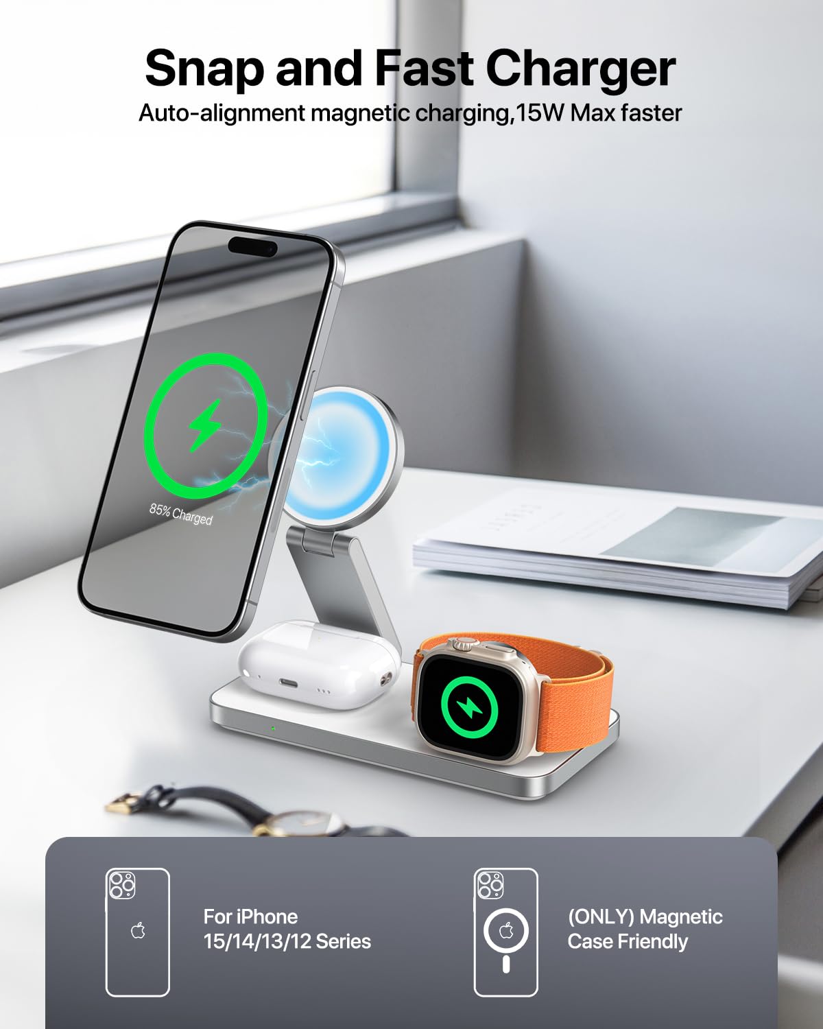 EXW 3 in 1 Magnetic Wireless Charging Station,Fast Wireless Charger for iphone 16/15/14/13/12,Charging Station for Apple Watch and AirPods(Adapter Included) White